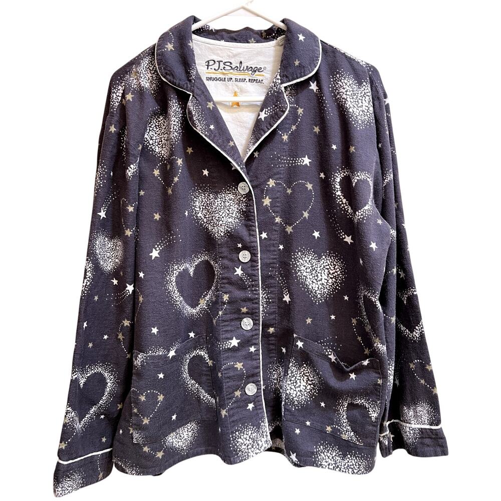 PJ SALVAGE Women Flannel Pajama Set L Gray Heart tar Print